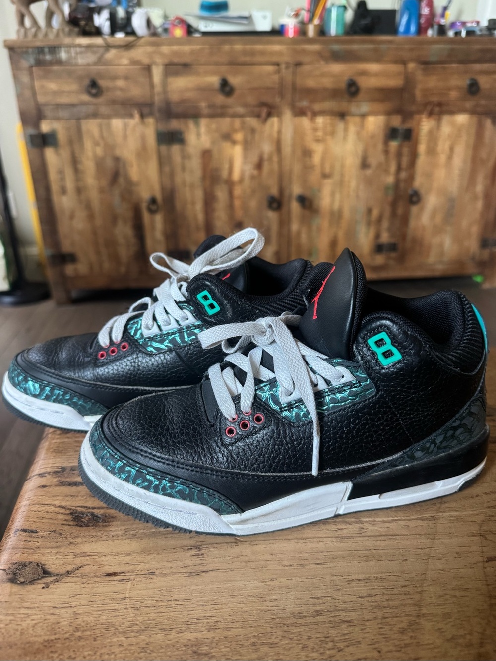 Air Jordan 3 Black Teal Retro Sneakers. Size 4.5 boys